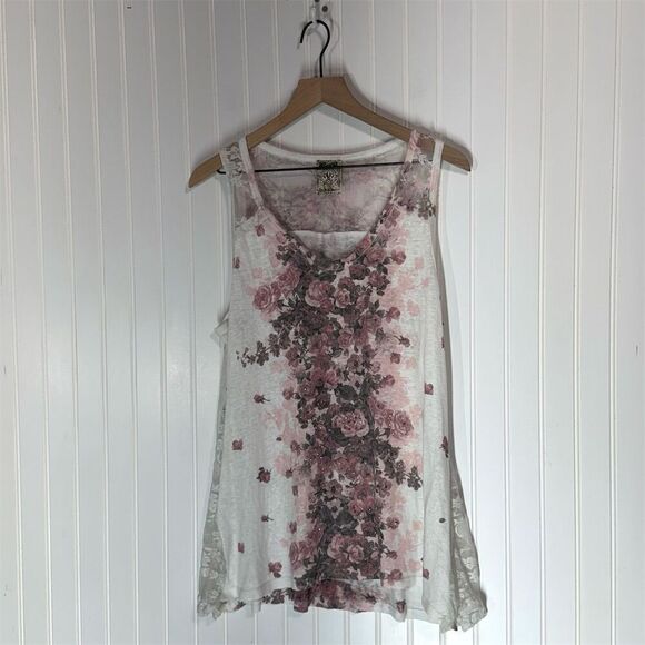 Vocal USA Floral Lace Back Tank Top Large Pink Roses Sparkle Boho Western - Picture 1 of 8